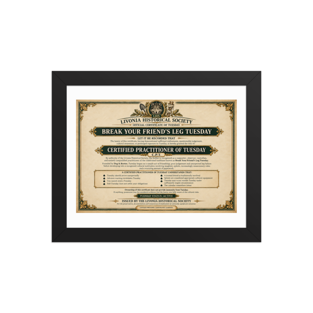 Official Tuesday Certificate - Framed Poster